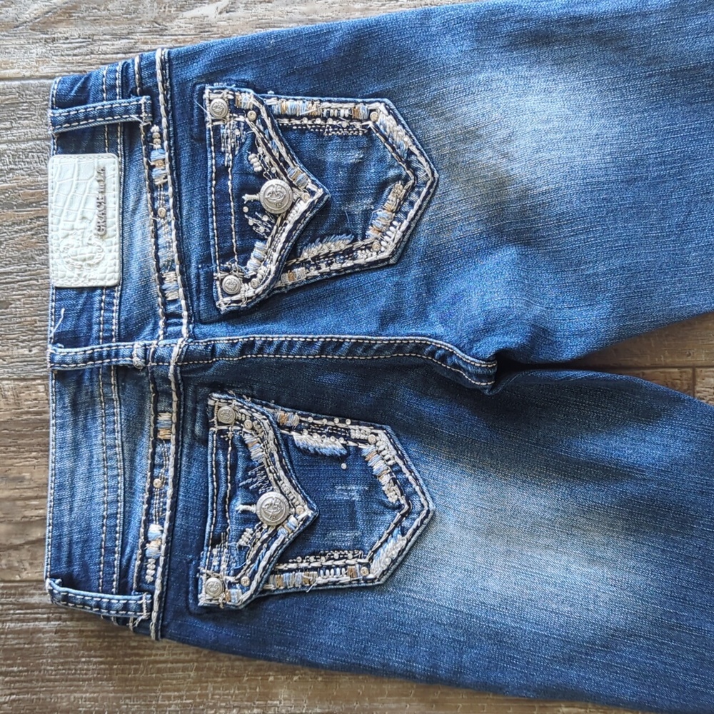 GRACE in LA girls bootcut jeans blingy embroidered faux flap back pockets sz 8 - Picture 3 of 14